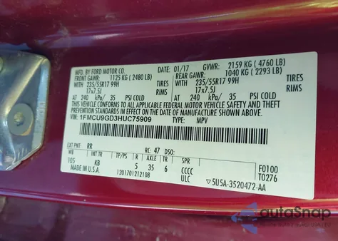 2017 Ford Escape Se z USA, uszkodzony, nr VIN 1FMCU9GD3HUC75909